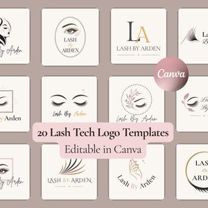 May include: A collection of twelve square logo templates for lash technicians, featuring various illustrations of eyes, eyelashes, and floral accents. Each design includes the text Lash By Arden in different fonts and layouts.