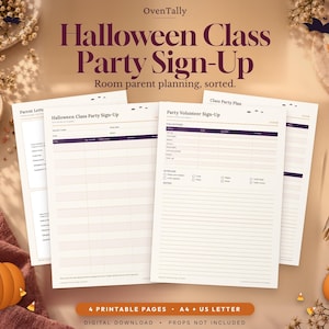 Peut inclure: Un ensemble de quatre feuilles imprimables pour l'inscription à une fête de classe d'Halloween avec du texte violet foncé sur papier crème. Les documents incluent des lettres aux parents, des inscriptions de bénévoles et des plans de fête.