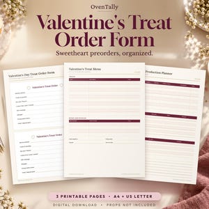 Pode incluir: Um conjunto de três páginas imprimíveis de formulários de pedido de doces de Dia dos Namorados com texto vermelho escuro em fundo claro. Os documentos incluem um formulário de pedido, um menu de doces e um planejador de produção.