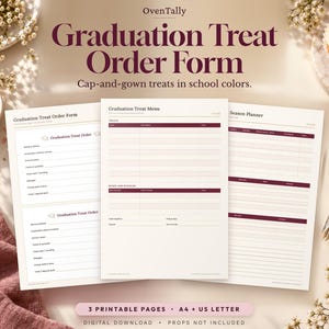 Pode incluir: Um conjunto de três documentos imprimíveis intitulados Graduation Treat Order Form, Graduation Treat Menu e Season Planner. Os formulários apresentam texto em bordô escuro sobre fundo creme com campos para detalhes do cliente.
