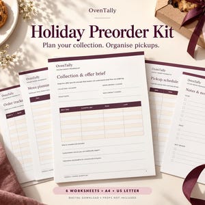 May include: A set of white paper worksheets titled OvenTally Holiday Preorder Kit, including an order tracker, menu planning, collection and offer brief, pickup schedule, and notes and next steps. The pages feature dark purple text and lines.