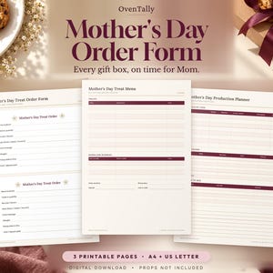 Pode incluir: Um conjunto de formulários de pedido para o Dia das Mães com três páginas imprimíveis, incluindo um formulário de pedido, um menu e um planejador de produção. Texto e linhas vermelho-escuras em fundo creme com o logotipo OvenTally.