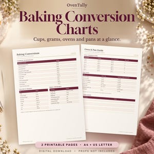 May include: Two white printable pages titled Baking Conversion Charts and Oven & Pan Guide. The charts feature dark maroon headers and text detailing ingredient weights, volume conversions, oven temperatures, and pan sizes for baking.