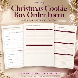 Pode incluir: Um conjunto de três documentos imprimíveis intitulados Christmas Cookie Box Order Form, Christmas Cookie Box Menu e Cookie Box Planner. As páginas apresentam cabeçalhos em vermelho escuro, tabelas organizadas e campos para detalhes de clientes e pedidos.