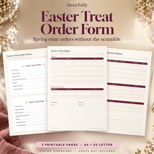 Pode incluir: Três páginas imprimíveis para um formulário de pedido de doces de Páscoa da OvenTally. Os documentos incluem um formulário de pedido, um menu e um planejador de produção com cabeçalhos vermelho-escuro e linhas para detalhes e preços.