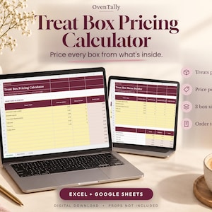 Pode incluir: Uma planilha digital para cálculo de preços de caixas de doces exibida em uma tela de laptop e tablet. A interface apresenta colunas para itens, custos e quantidades. Texto: OvenTally, Treat Box Pricing Calculator, Excel + Google Sheets.