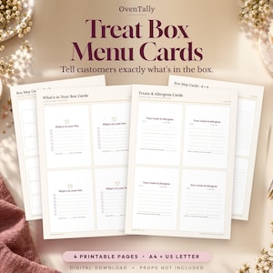 Pode incluir: Um conjunto de cartões de menu imprimíveis Treat Box da OvenTally com seções para What's in Your Box e Treats & Allergens. Os cartões brancos têm texto escuro e bordas finas, disponíveis como download digital em A4 e US Letter.