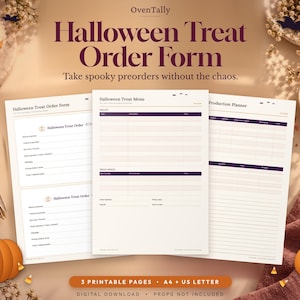 Pode incluir: Um conjunto de três documentos imprimíveis intitulados Halloween Treat Order Form, Halloween Treat Menu e Production Planner. As páginas apresentam texto roxo escuro num fundo claro para organizar encomendas e produção.