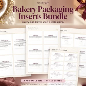 May include: A bundle of printable bakery packaging inserts including cake care cards, thank you cards, review cards, and loyalty cards. The sheets feature dark purple text on a light background, with the title Bakery Packaging Inserts Bundle.