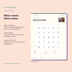 May include: A digital PDF page titled Pack Your Bag featuring a 5x5 grid of letters, instructions to color boxes beside words, and a small mountain scene image. The text includes Poppy Quinn Books, Color It Your Way, and a list of words like Bag, Pants, Gloves, Shirt, Map, and Zip.