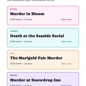 May include: A document titled Poppy Quinn Choose your season featuring four rectangular boxes labeled Spring, Summer, Fall, and Winter. Each box lists a case title, 6,000 names, 18 clues, and an Open case link. The page includes footer text Contents, Using this PDF, and page number 2.