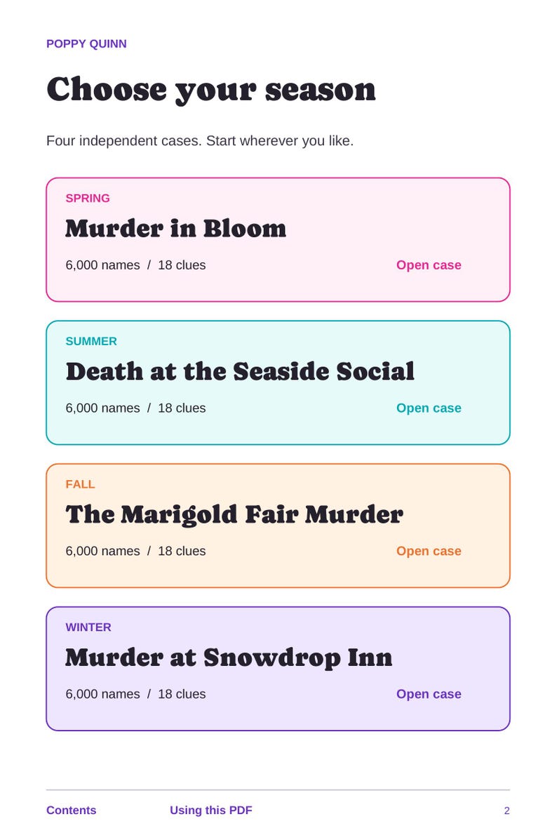 May include: A document titled Poppy Quinn Choose your season featuring four rectangular boxes labeled Spring, Summer, Fall, and Winter. Each box lists a case title, 6,000 names, 18 clues, and an Open case link. The page includes footer text Contents, Using this PDF, and page number 2.