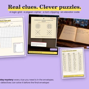 May include: A collection of mystery game materials including a Secret Santa logic grid, a Pinkerton National Detective Agency pigpen cipher sheet, a notebook with handwritten text, and a torn newspaper clipping puzzle on a light purple background.