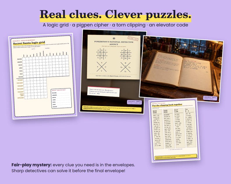 May include: A collection of mystery game materials including a Secret Santa logic grid, a Pinkerton National Detective Agency pigpen cipher sheet, a notebook with handwritten text, and a torn newspaper clipping puzzle on a light purple background.