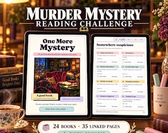 Può includere: Due tablet digitali che mostrano una sfida di lettura Murder Mystery. Lo schermo sinistro mostra una grafica di copertina con il titolo One More Mystery. Lo schermo destro elenca suggerimenti di lettura come Somewhere suspicious e Small-town secrets.