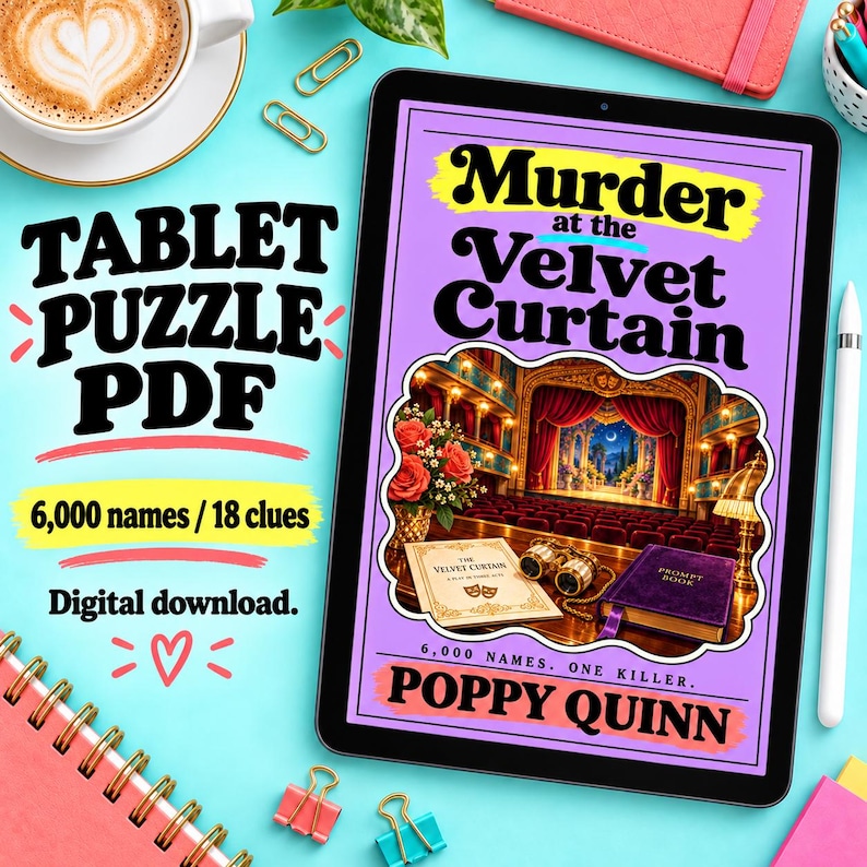Illustrative tablet mockup showing the purple Murder at the Velvet Curtain cover beside a stylus on a turquoise desk. Digital highlighting mystery PDF with 6,000 names and 18 clues. No physical item.