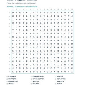 Actual Night Train word-search page with 18 railway-themed words and a roomy letter grid.