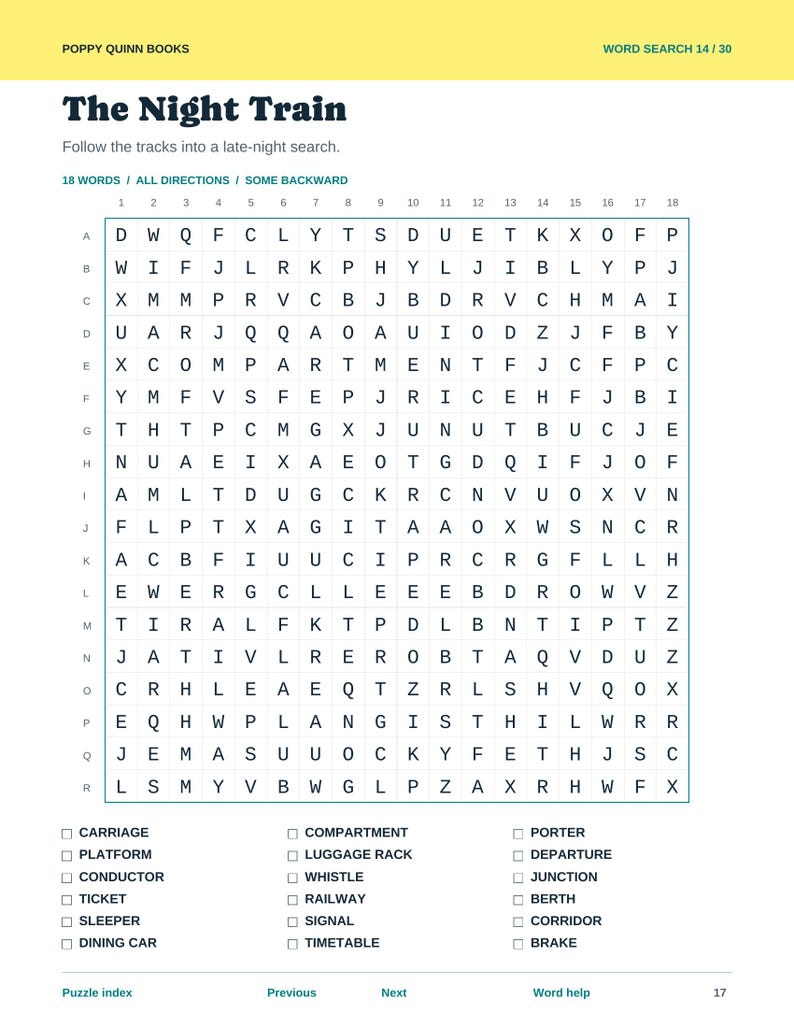 Actual Night Train word-search page with 18 railway-themed words and a roomy letter grid.