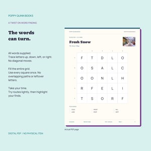 May include: A digital PDF word puzzle page titled Fresh Snow by Poppy Quinn Books. The page features a 5x5 letter grid, instructions for tracing words up, down, left, or right, and a list of words to find including COLD, LANE, FROST, ROOF, HILL, and SOFT.