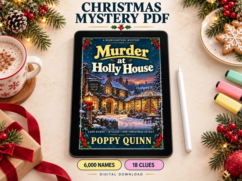 May include: A digital tablet displaying a book cover titled Murder at Holly House by Poppy Quinn. The cover features a snowy house at night with Christmas decorations. Text includes 6,000 NAMES, 18 CLUES, ONE CHRISTMAS SECRET, and CHRISTMAS MYSTERY PDF.