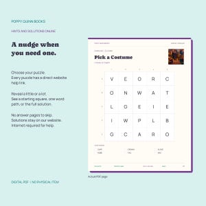 May include: A digital PDF page from Poppy Quinn Books titled Pick a Costume, featuring a 5x5 letter grid puzzle. The page includes instructions for online hints, a list of words to find, and a small thumbnail image in the top right corner.