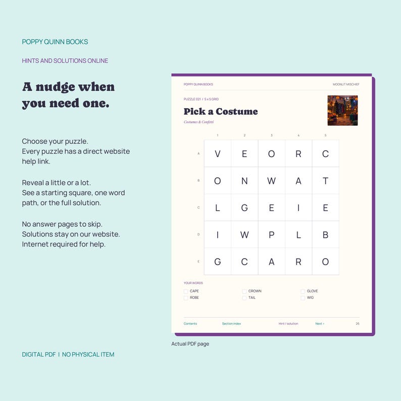 May include: A digital PDF page from Poppy Quinn Books titled Pick a Costume, featuring a 5x5 letter grid puzzle. The page includes instructions for online hints, a list of words to find, and a small thumbnail image in the top right corner.