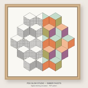 Ember Facets Kruissteek- en Blackworkpatroon PDF, Geometrische Kubussen, Kleurrijk 30 cm proeflapje