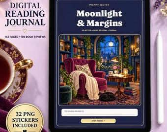 Può includere: Un diario di lettura digitale visualizzato su uno schermo di tablet intitolato Moonlight & Margins di Poppy Quinn. La copertina mostra una poltrona viola in una biblioteca con vista sulla luna piena. L'interfaccia include uno spazio per un nome.