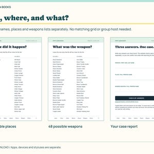 May include: A digital game interface titled Who, where, and what? from Poppy Quinn Books. It features three columns: Where did it happen? with 48 possible places, What was the weapon? with 48 possible weapons, and a Your case report submission form.
