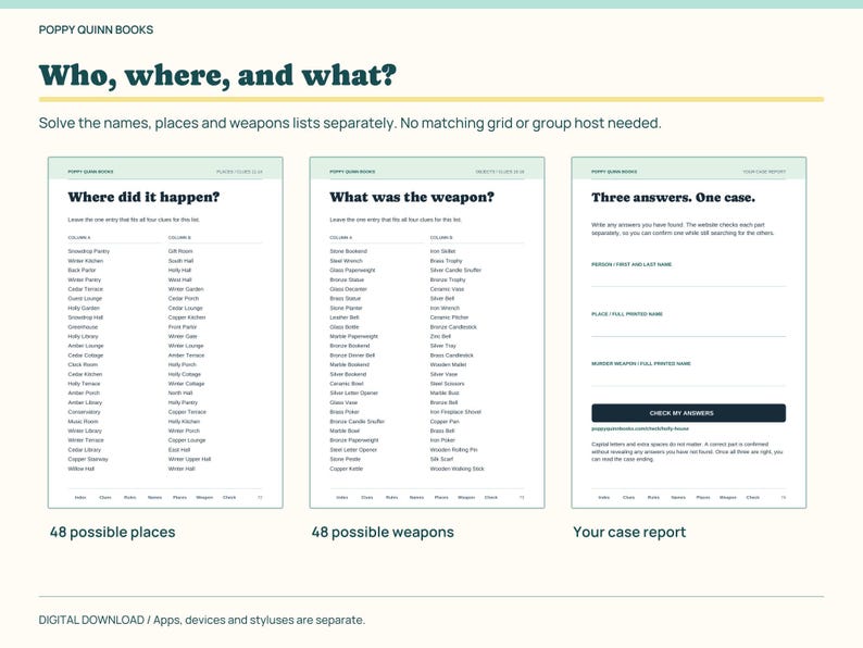May include: A digital game interface titled Who, where, and what? from Poppy Quinn Books. It features three columns: Where did it happen? with 48 possible places, What was the weapon? with 48 possible weapons, and a Your case report submission form.