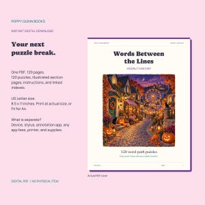 May include: A digital PDF puzzle book titled Words Between the Lines by Poppy Quinn Books. The cover features a colorful illustration of a cobblestone street at night with pumpkins, autumn foliage, and a ferris wheel. It contains 120 word-path puzzles.