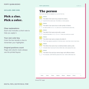 May include: A digital PDF page from Poppy Quinn Books titled The person, featuring six numbered clues for a mystery game. The text includes instructions to color boxes with highlighters to track clues about a killer's first and last name.