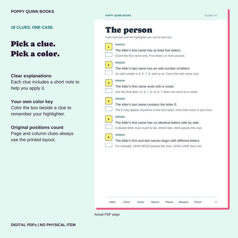 May include: A digital PDF page from Poppy Quinn Books titled The person, featuring six numbered clues for a mystery game. The text includes instructions to color boxes with highlighters to track clues about a killer's first and last name.