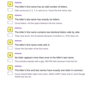 May include: A white activity sheet titled The person by Poppy Quinn Books featuring six numbered clues for identifying a killer. The text includes instructions for coloring boxes and analyzing names, with a footer containing index labels.