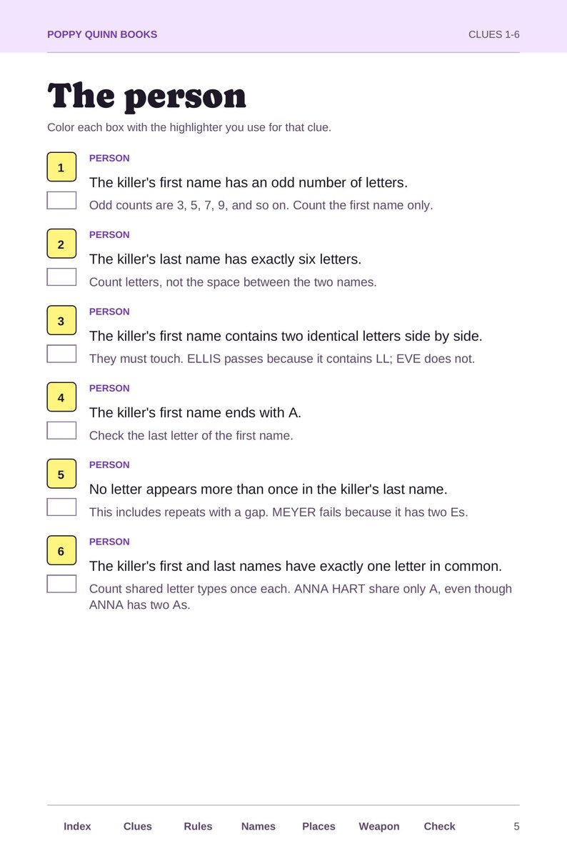 May include: A white activity sheet titled The person by Poppy Quinn Books featuring six numbered clues for identifying a killer. The text includes instructions for coloring boxes and analyzing names, with a footer containing index labels.