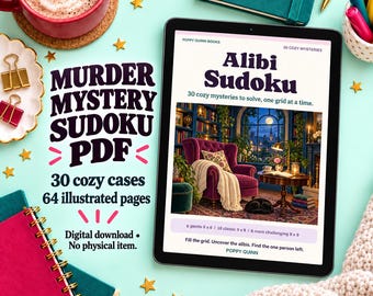 Può includere: Un tablet digitale che mostra la copertina di un libro intitolato Alibi Sudoku con 30 misteri. Lo schermo mostra una poltrona viola in una biblioteca. Il testo a sinistra recita Murder Mystery Sudoku PDF, 30 casi, 64 pagine illustrate.