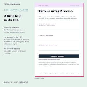 Actual blank answer report with separate spaces for person, place, and stolen item, and a link to the online checker.