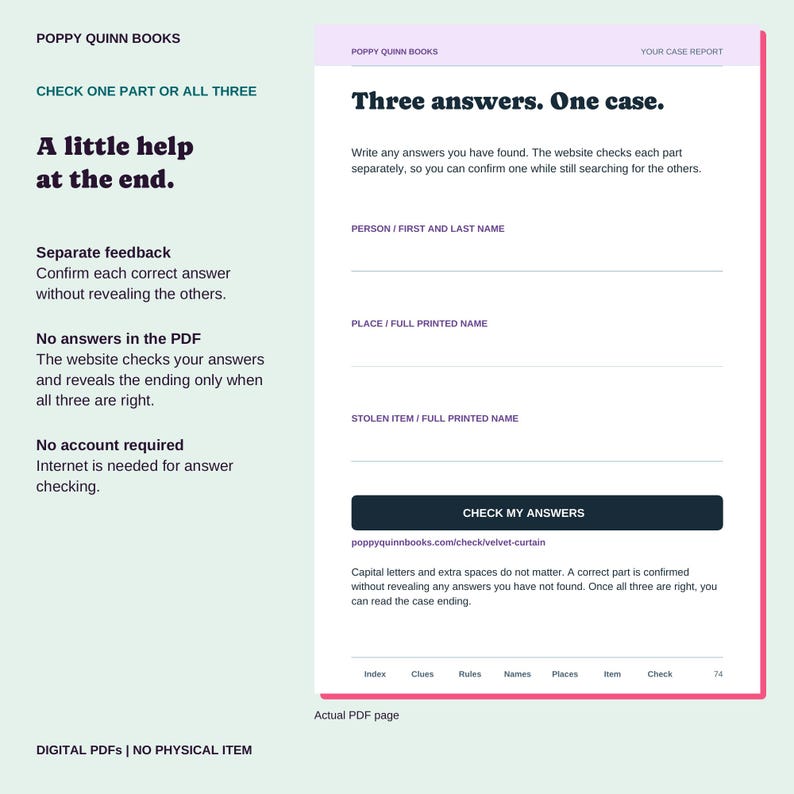 Actual blank answer report with separate spaces for person, place, and stolen item, and a link to the online checker.