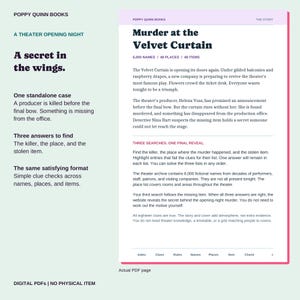 Actual story page introducing the reopening of the Velvet Curtain theater, Helena Voss, and three separate searches for the person, place, and stolen item.
