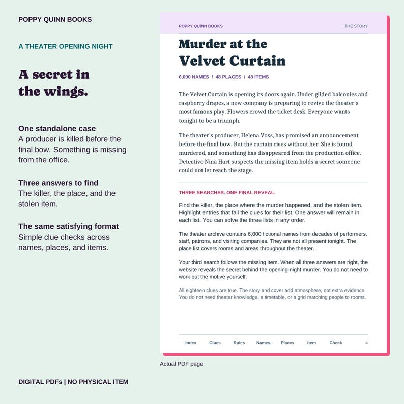 Actual story page introducing the reopening of the Velvet Curtain theater, Helena Voss, and three separate searches for the person, place, and stolen item.