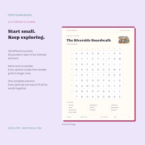 May include: A digital word search puzzle page titled The Riverside Boardwalk by Poppy Quinn Books. The page features a 9x9 letter grid, a list of words to find including bicycle and kayak, and a small illustration of a striped market stall.
