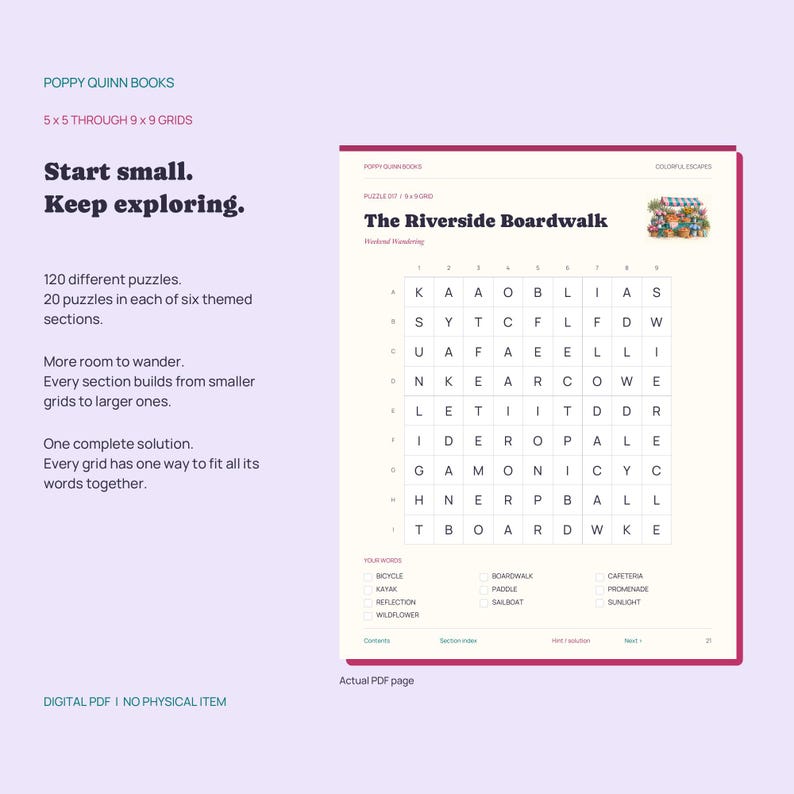 May include: A digital word search puzzle page titled The Riverside Boardwalk by Poppy Quinn Books. The page features a 9x9 letter grid, a list of words to find including bicycle and kayak, and a small illustration of a striped market stall.