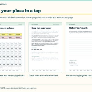 May include: A digital document titled Poppy Quinn Books featuring 75 PDF pages with a linked case index, name-page shortcuts, rules, and a color-test page. The layout includes three sections: Your case at a glance, Keep this page handy, and Make your mark.