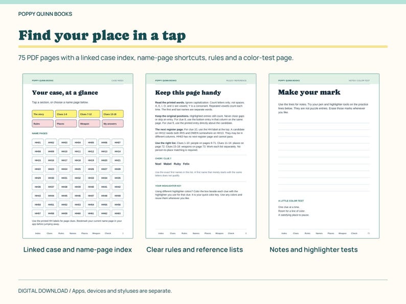 May include: A digital document titled Poppy Quinn Books featuring 75 PDF pages with a linked case index, name-page shortcuts, rules, and a color-test page. The layout includes three sections: Your case at a glance, Keep this page handy, and Make your mark.