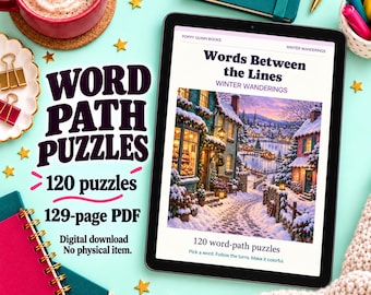 May include: A digital tablet displays a puzzle book titled Words Between the Lines Winter Wanderings, featuring a snowy village scene. Text on the screen reads 120 word-path puzzles. Nearby are notebooks, a mug, and gold star confetti.