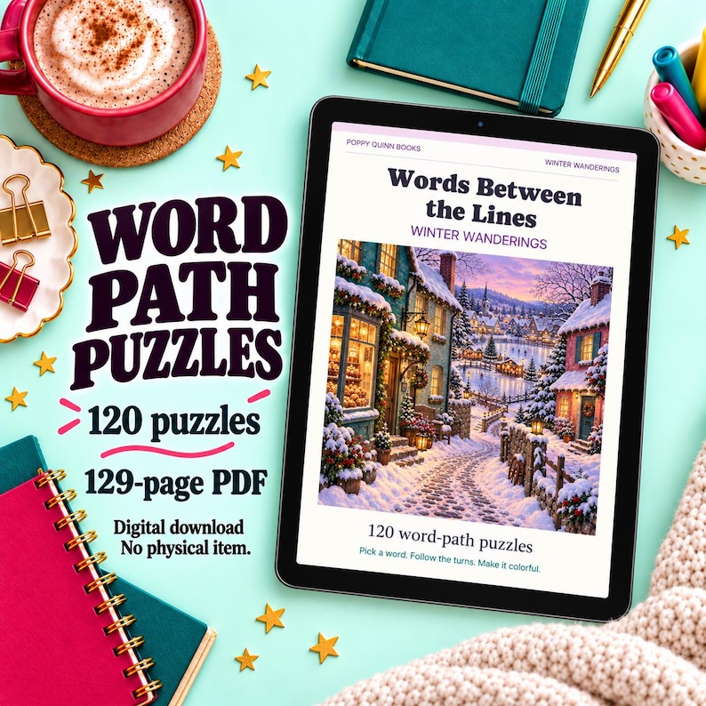 May include: A digital tablet displays a puzzle book titled Words Between the Lines Winter Wanderings, featuring a snowy village scene. Text on the screen reads 120 word-path puzzles. Nearby are notebooks, a mug, and gold star confetti.
