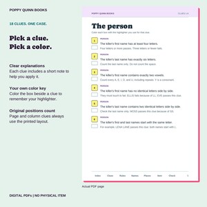 Actual PDF page showing six person clues with short explanations and highlighter color boxes.