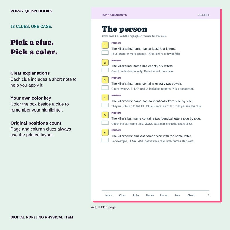 Actual PDF page showing six person clues with short explanations and highlighter color boxes.