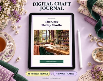 Può includere: Un tablet digitale che mostra un diario per hobby intitolato The Cozy Hobby Studio con la grafica di una stanza soleggiata. Lo schermo mostra testo tra cui Poppy Quinn Books, Make a little room for making, 48 Project Records e 48 PNG Stickers.