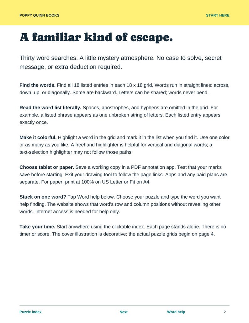 Actual how-to-play page explaining word directions, highlighting, tablet or paper use, and online word help.